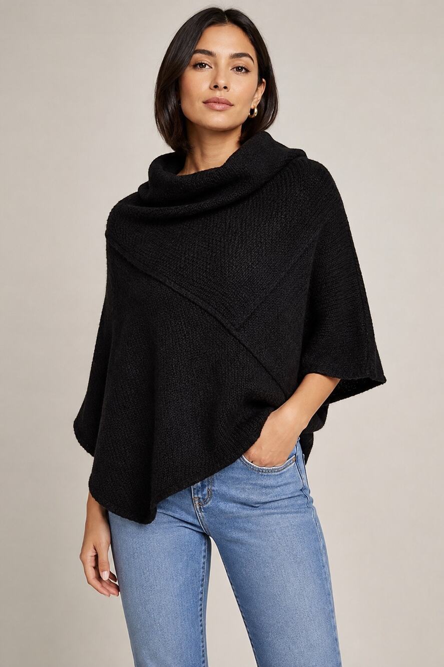 Marcella Black Asymmetrical Knit Poncho Sweater